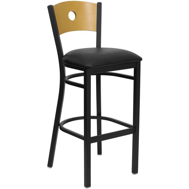 ack Metal Restaurant Barstool - Natural Wood Back, Black Vinyl Seat