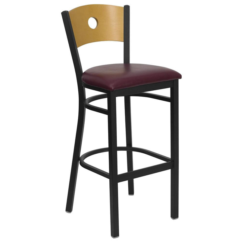 ack Metal Restaurant Barstool - Natural Wood Back, Burgundy Vinyl Seat