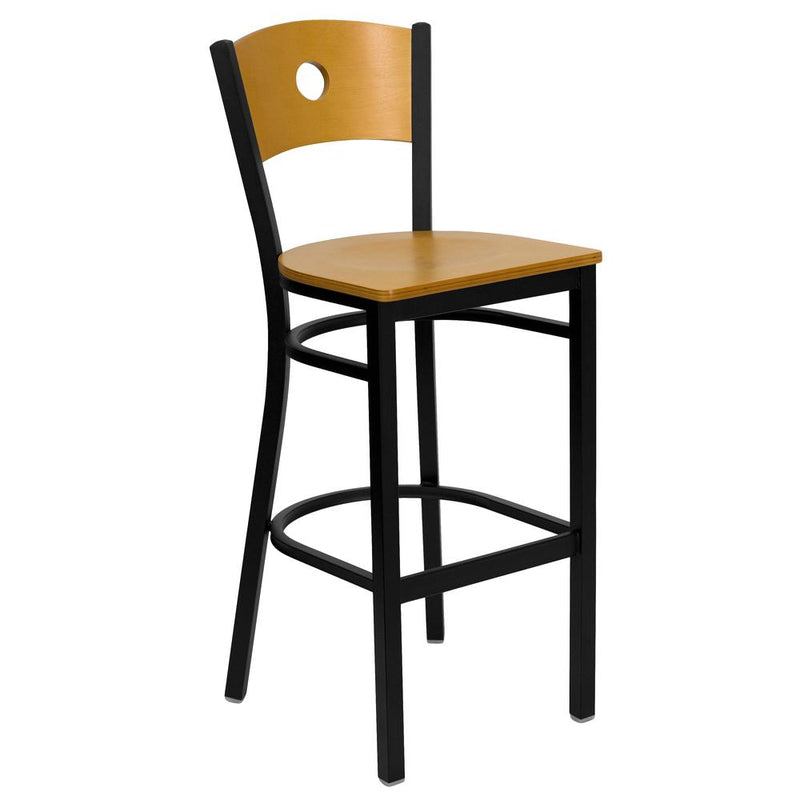 Black Circle Back Metal Restaurant Barstool - Natural Wood Back & Seat