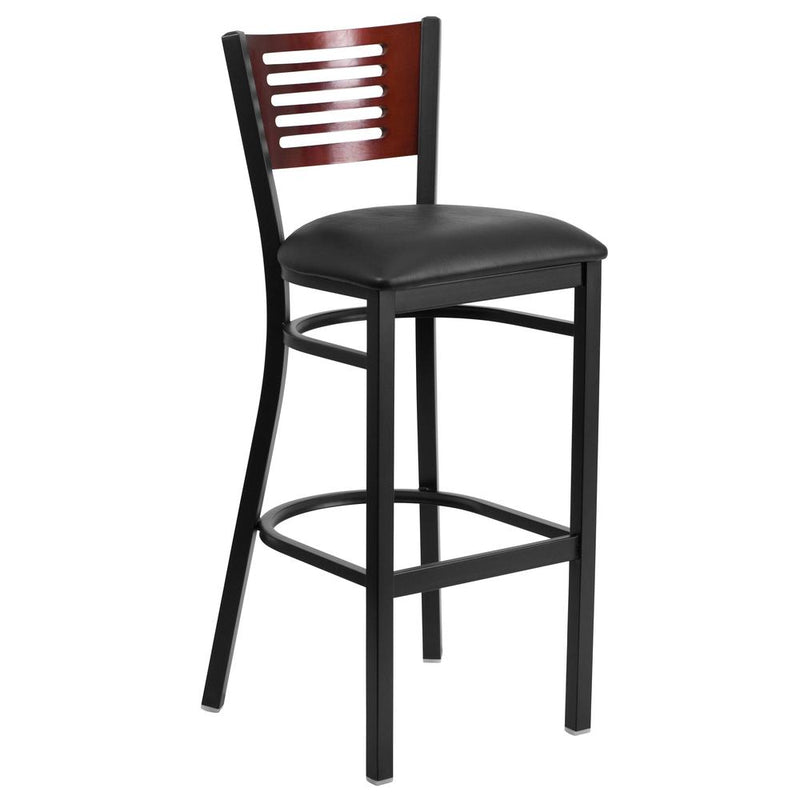 Black Slat Back Metal Restaurant Barstool - Mahogany Wood Back, Black Vinyl Seat