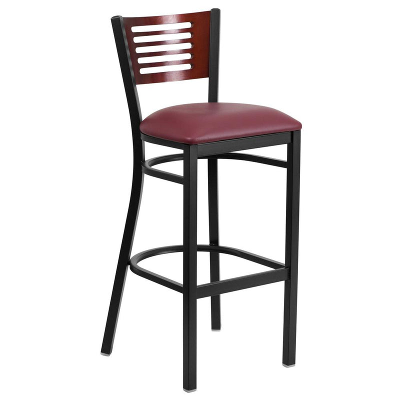 Back Metal Restaurant Barstool - Mahogany Wood Back, Burgundy Vinyl Seat