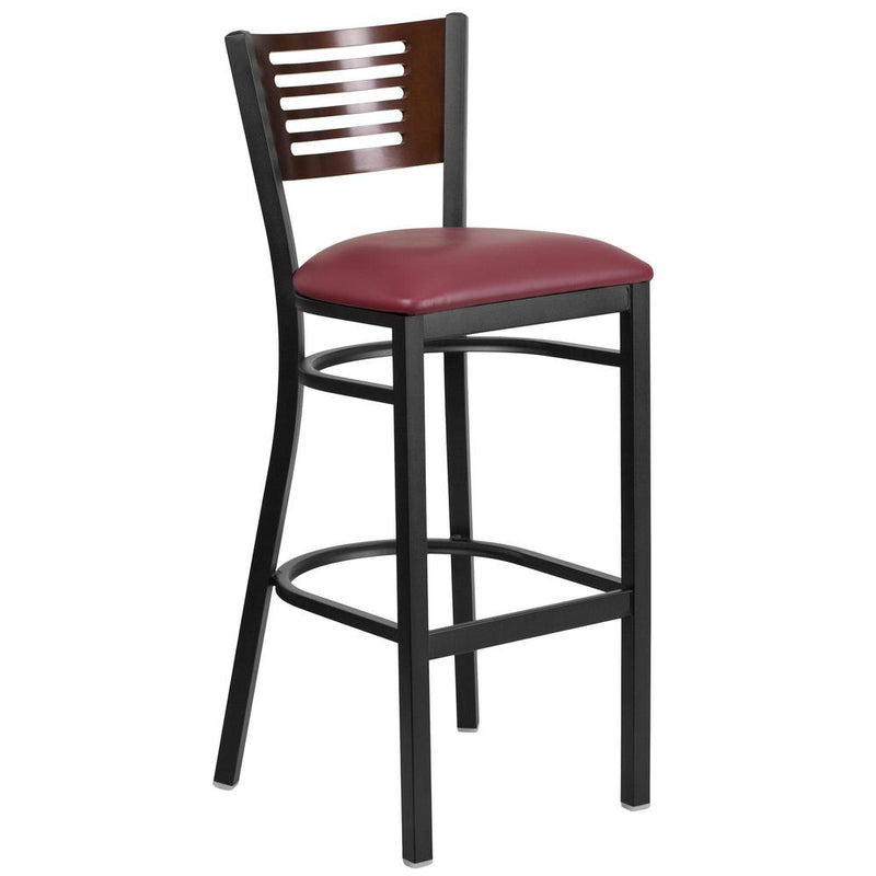 Back Metal Restaurant Barstool - Walnut Wood Back, Burgundy Vinyl Seat