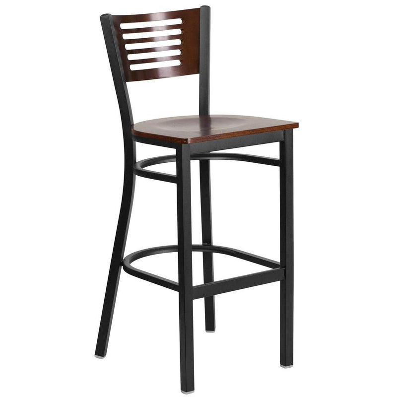 Black Slat Back Metal Restaurant Barstool - Walnut Wood Back & Seat