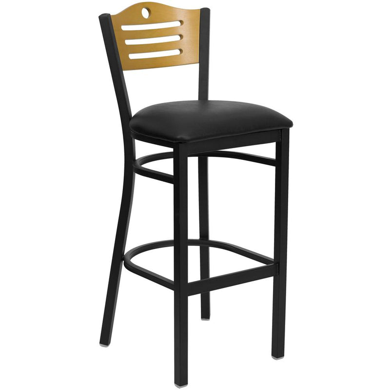 Black Slat Back Metal Restaurant Barstool - Natural Wood Back, Black Vinyl Seat