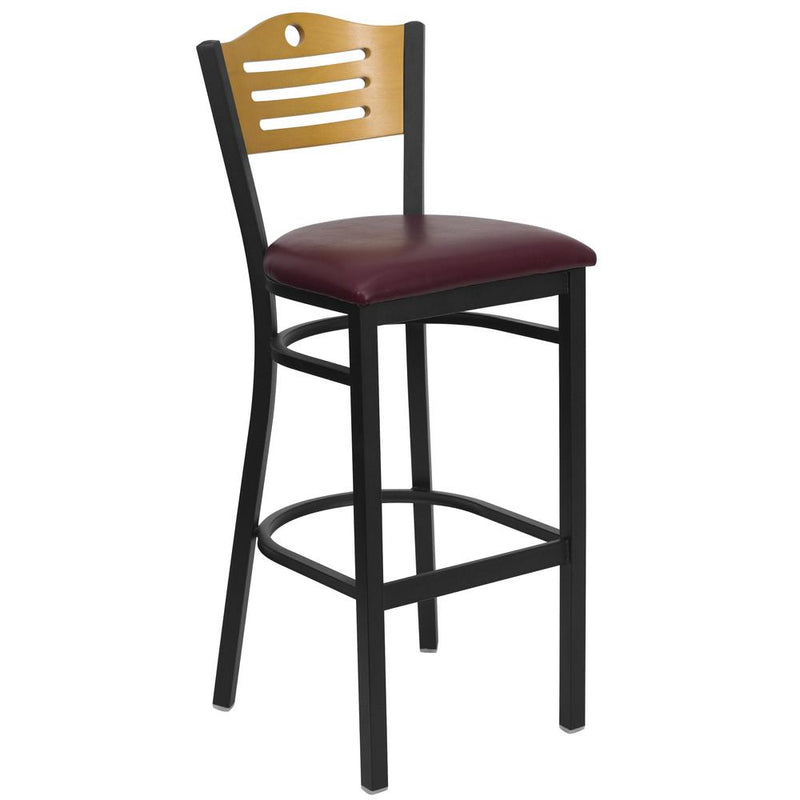 Back Metal Restaurant Barstool - Natural Wood Back, Burgundy Vinyl Seat