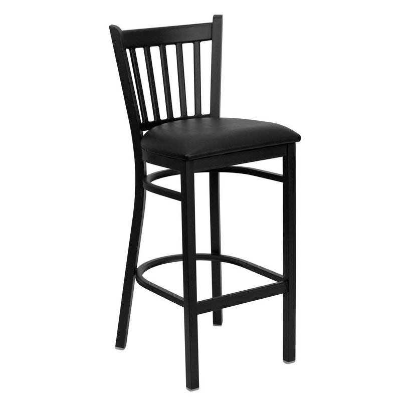 Black Vertical Back Metal Restaurant Barstool - Black Vinyl Seat