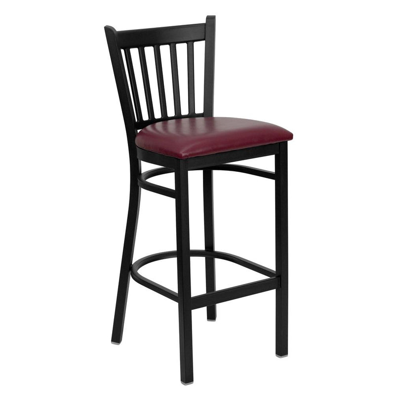 Black Vertical Back Metal Restaurant Barstool - Burgundy Vinyl Seat