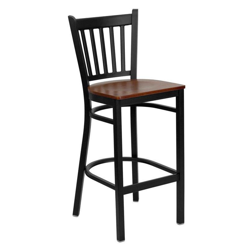 Black Vertical Back Metal Restaurant Barstool - Cherry Wood Seat