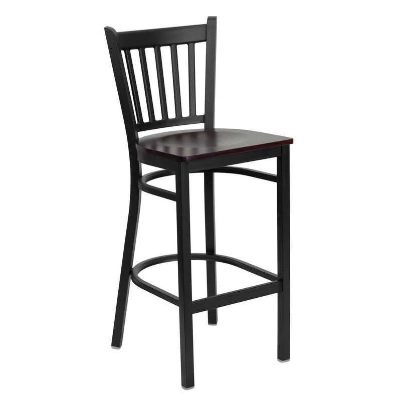 Black Vertical Back Metal Restaurant Barstool - Mahogany Wood Seat