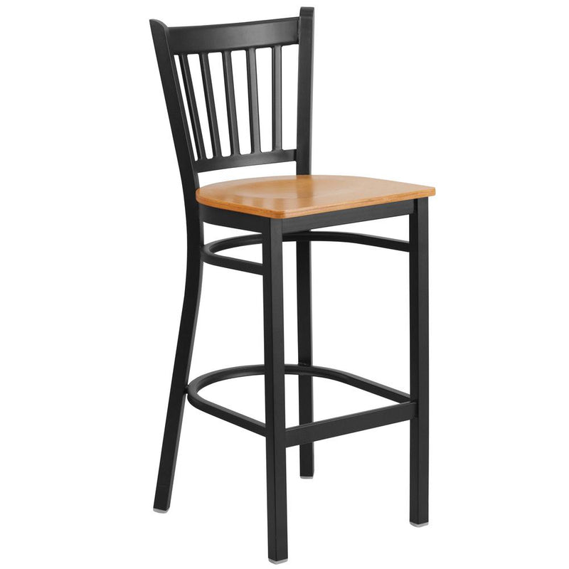 Black Vertical Back Metal Restaurant Barstool - Natural Wood Seat