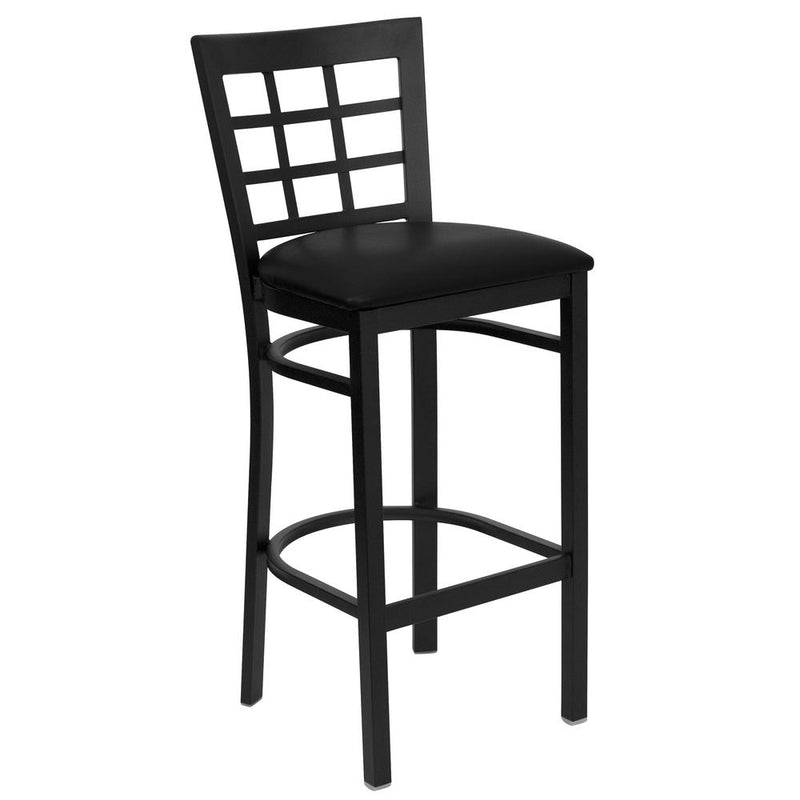 Black Window Back Metal Restaurant Barstool - Black Vinyl Seat