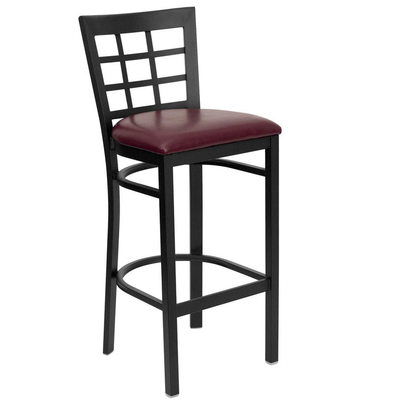 Black Window Back Metal Restaurant Barstool - Burgundy Vinyl Seat