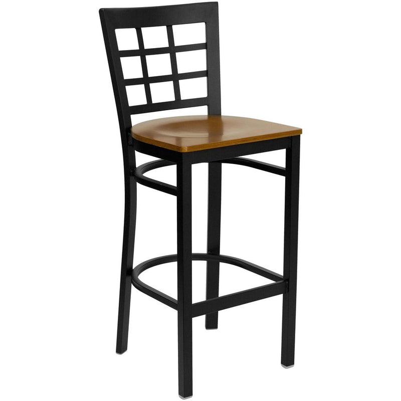 Black Window Back Metal Restaurant Barstool - Cherry Wood Seat