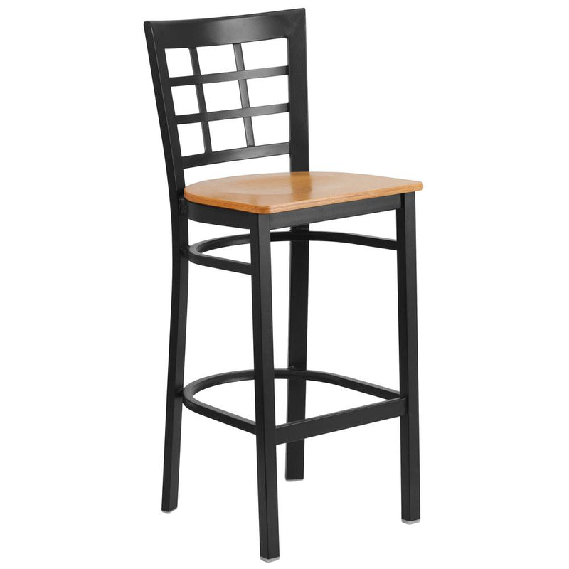 Black Window Back Metal Restaurant Barstool - Natural Wood Seat