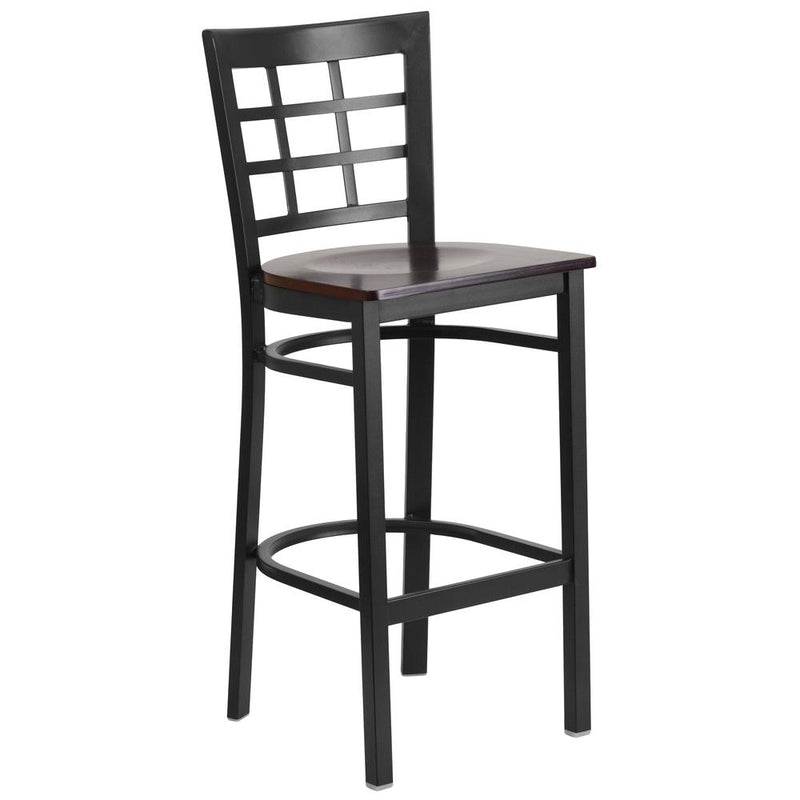 Black Window Back Metal Restaurant Barstool - Walnut Wood Seat