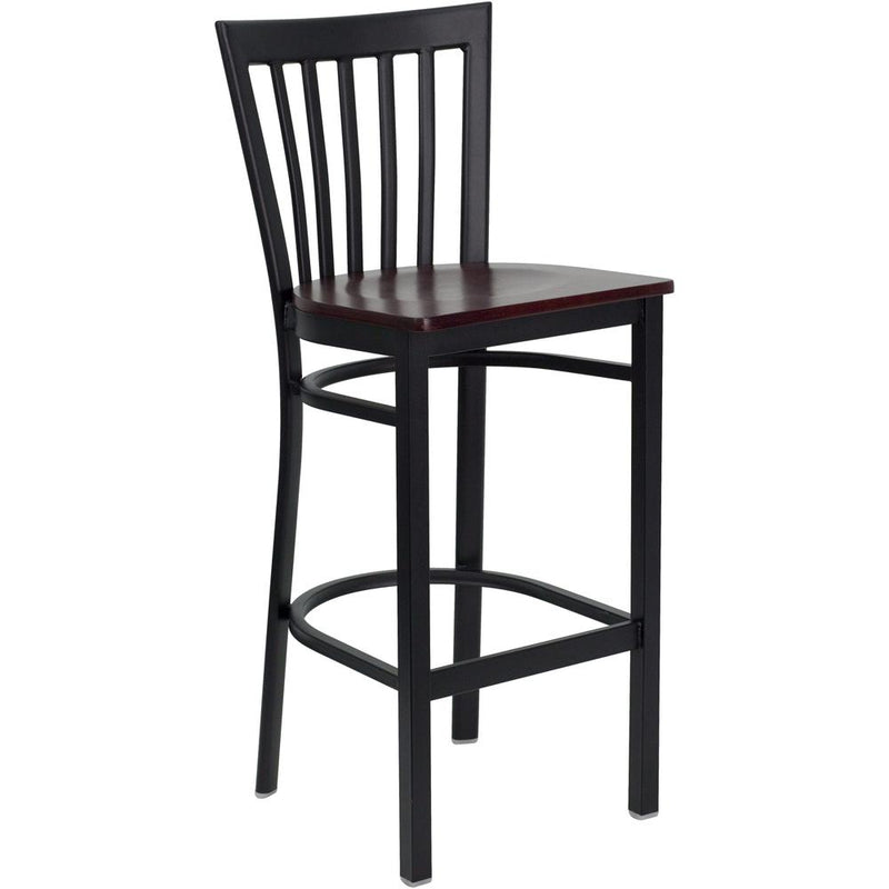 Black School House Back Metal Restaurant Barstool - Mahogany Wood Seat