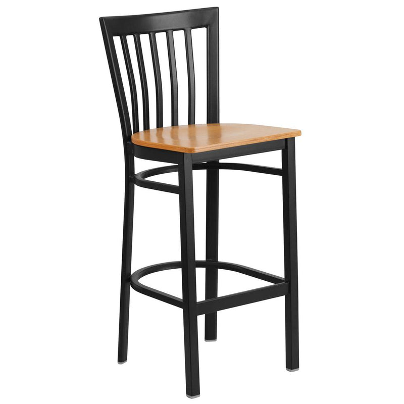 Black School House Back Metal Restaurant Barstool - Natural Wood Seat