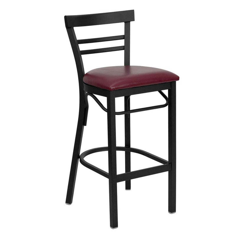 Black Two-Slat Ladder Back Metal Restaurant Barstool - Burgundy Vinyl Seat