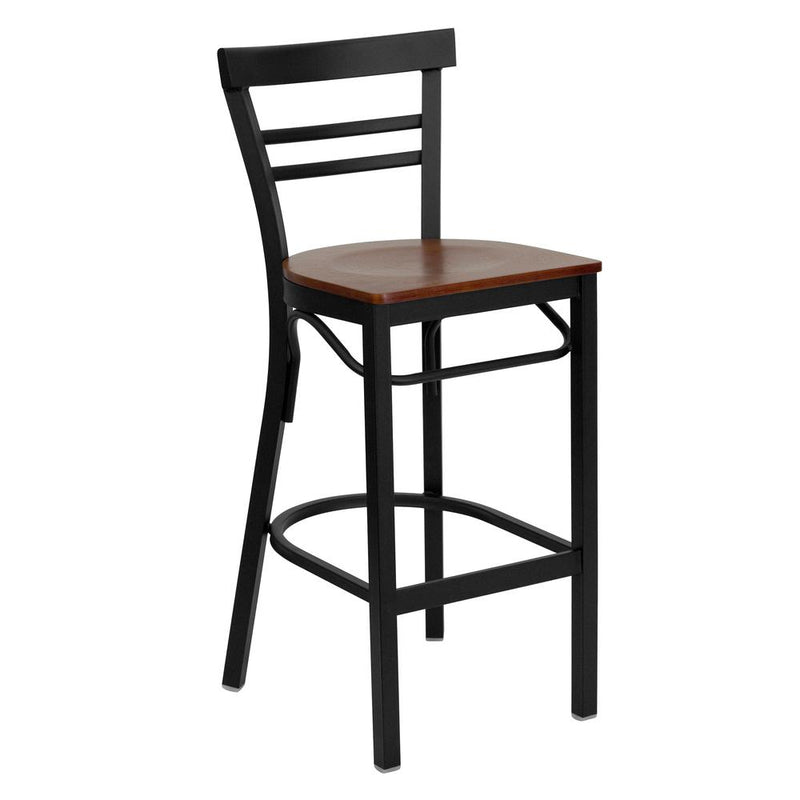 Black Two-Slat Ladder Back Metal Restaurant Barstool - Cherry Wood Seat