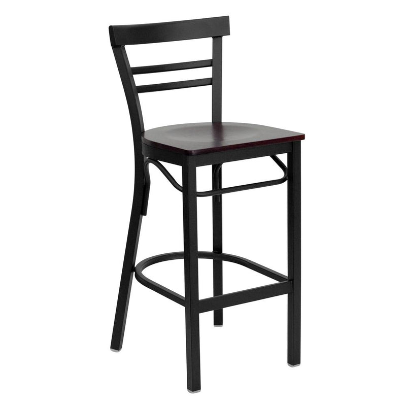 Black Two-Slat Ladder Back Metal Restaurant Barstool - Mahogany Wood Seat