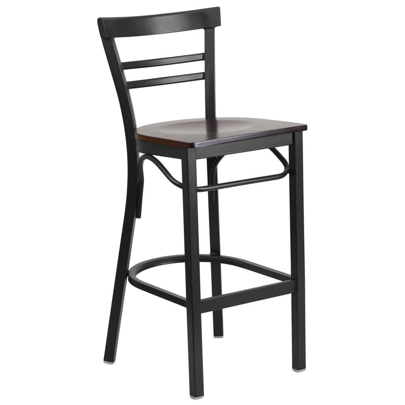 Black Two-Slat Ladder Back Metal Restaurant Barstool - Walnut Wood Seat