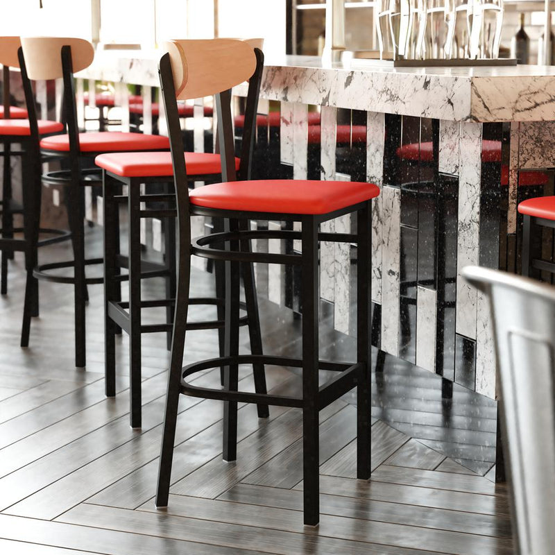 Barstool, Natural Birch Finish Wooden Boomerang Back, and Red Vinyl Seat