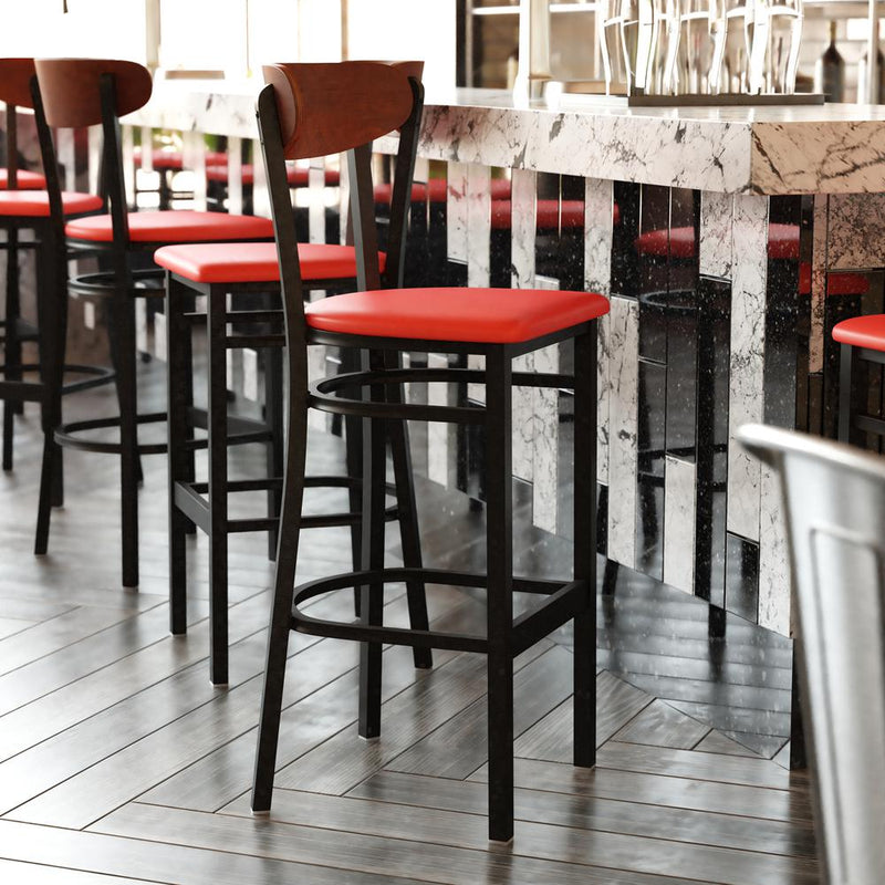 Barstool, Wooden Boomerang Back, and Red Vinyl Seat