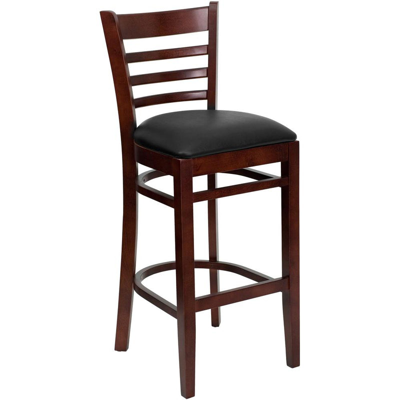 Ladder Back Mahogany Wood Restaurant Barstool - Black Vinyl Seat