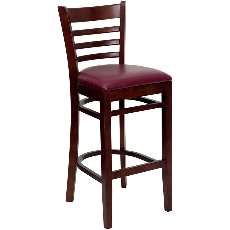 Ladder Back Mahogany Wood Restaurant Barstool - Burgundy Vinyl Seat