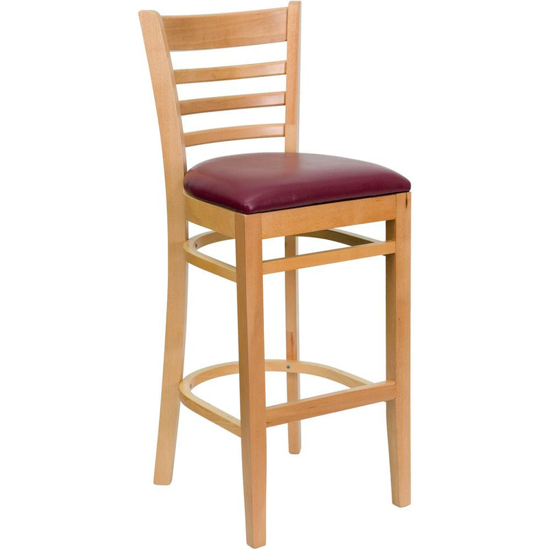 Ladder Back Natural Wood Restaurant Barstool - Burgundy Vinyl Seat