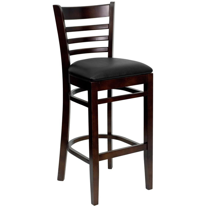 Ladder Back Walnut Wood Restaurant Barstool - Black Vinyl Seat