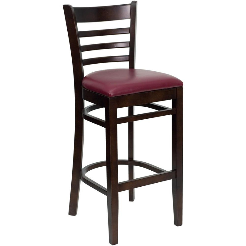 Ladder Back Walnut Wood Restaurant Barstool - Burgundy Vinyl Seat