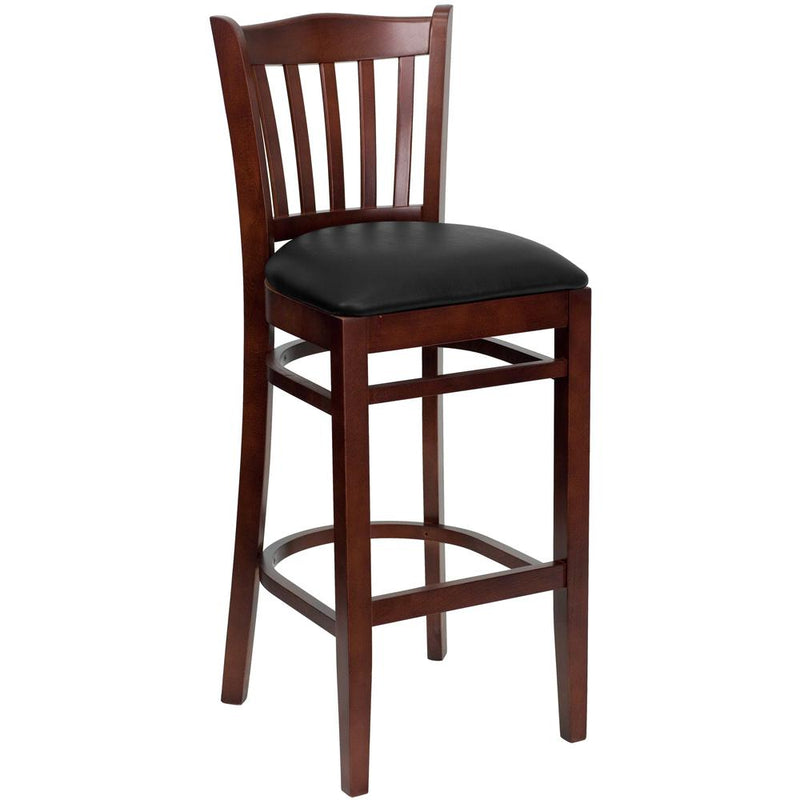 Vertical Slat Back Mahogany Wood Restaurant Barstool - Black Vinyl Seat