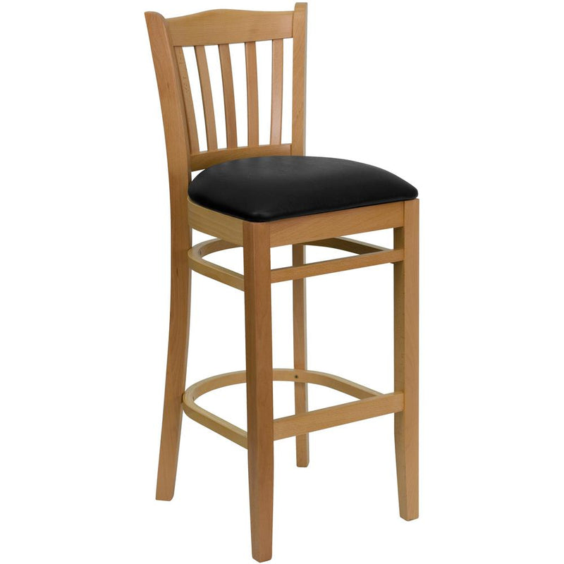 Vertical Slat Back Natural Wood Restaurant Barstool - Black Vinyl Seat