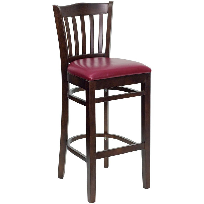 Vertical Slat Back Walnut Wood Restaurant Barstool - Burgundy Vinyl Seat