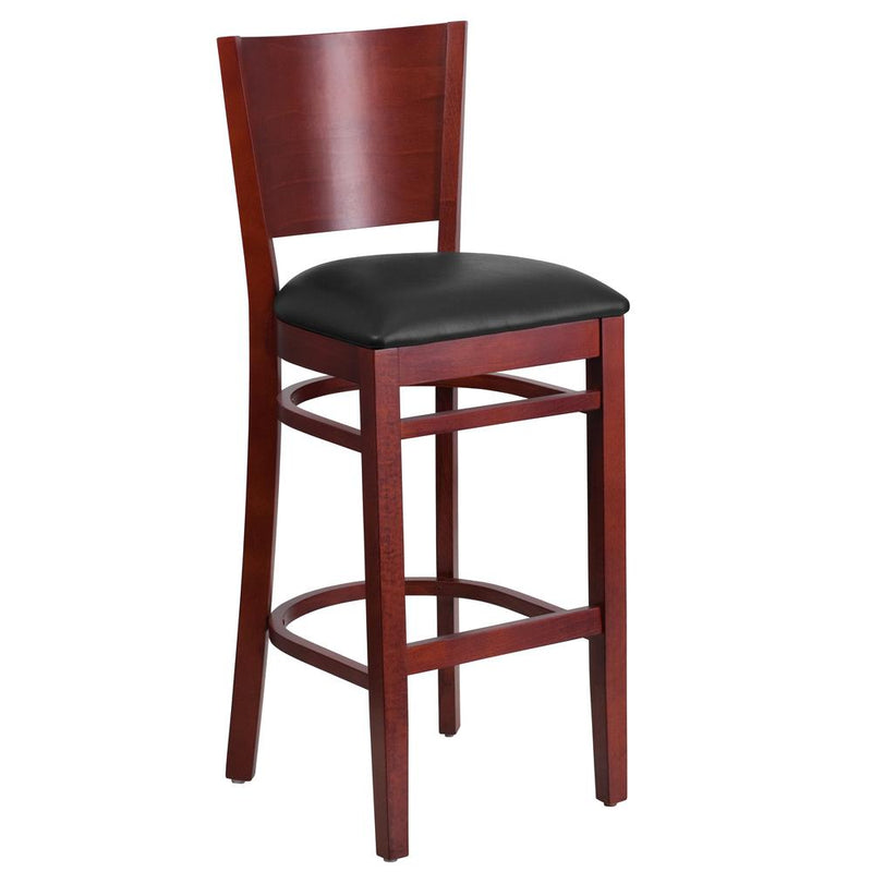 Solid Back Mahogany Wood Restaurant Barstool - Black Vinyl Seat