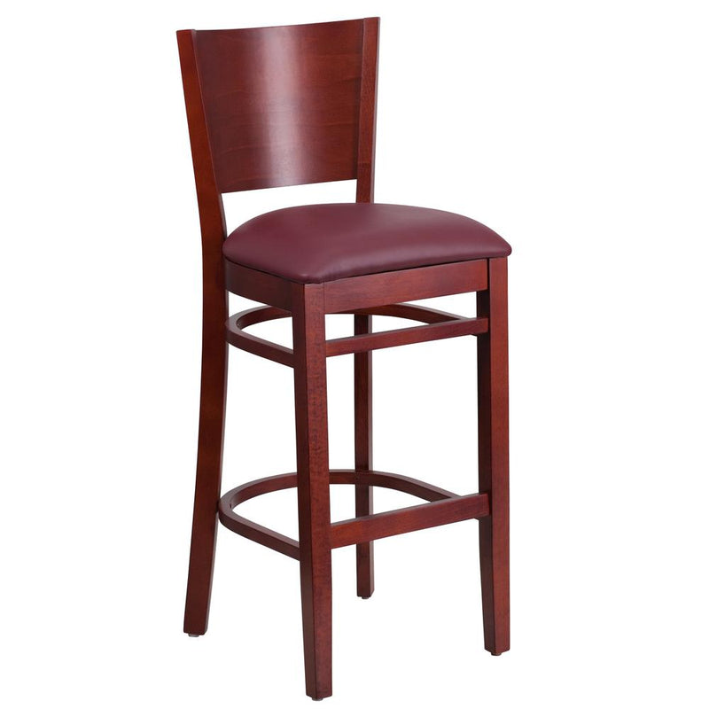 Solid Back Mahogany Wood Restaurant Barstool - Burgundy Vinyl Seat