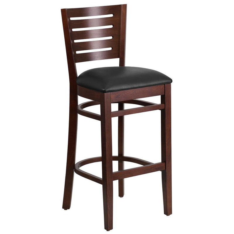 Slat Back Walnut Wood Restaurant Barstool - Black Vinyl Seat