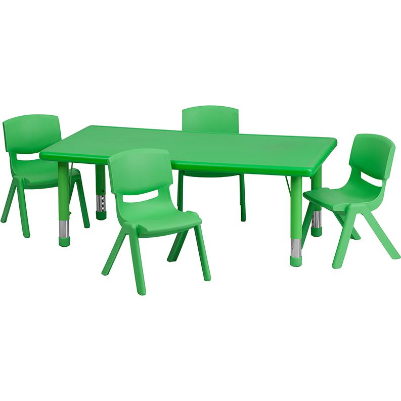 24''W x 48''L Green Plastic Height Adjustable Activity Table Set with 4 Chairs