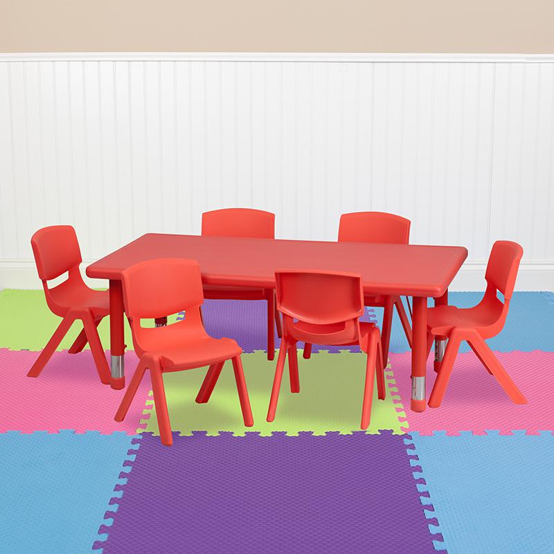 24''W x 48''L Red Plastic Height Adjustable Activity Table Set with 6 Chairs