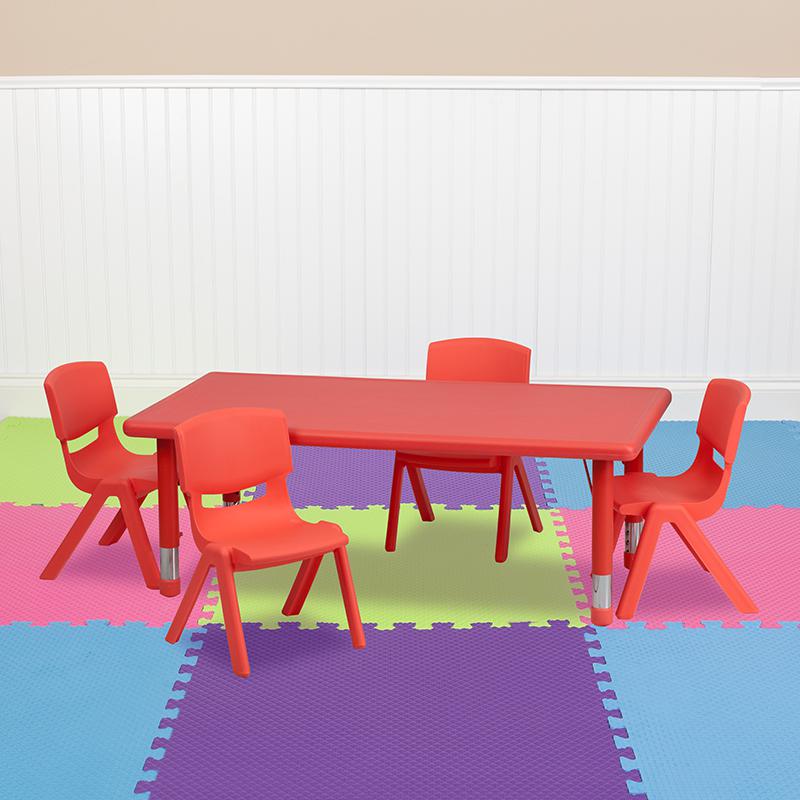 24''W x 48''L Red Plastic Height Adjustable Activity Table Set with 4 Chairs