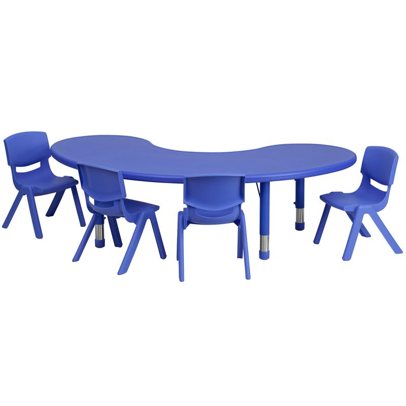 35''W x 65''L Half-Moon Blue Plastic Height Activity Table Set with 4 Chairs