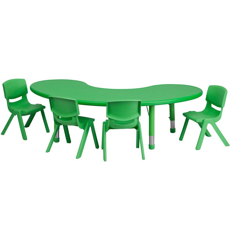 35''W x 65''L Half-Moon Green Plastic Height Activity Table Set with 4 Chairs