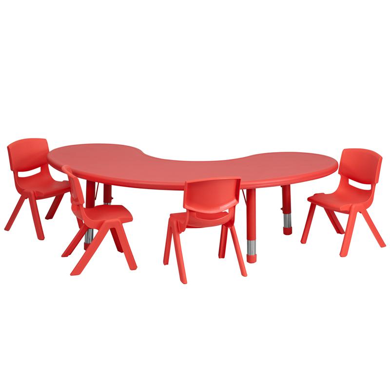 35''W x 65''L Half-Moon Red Plastic Height Activity Table Set with 4 Chairs