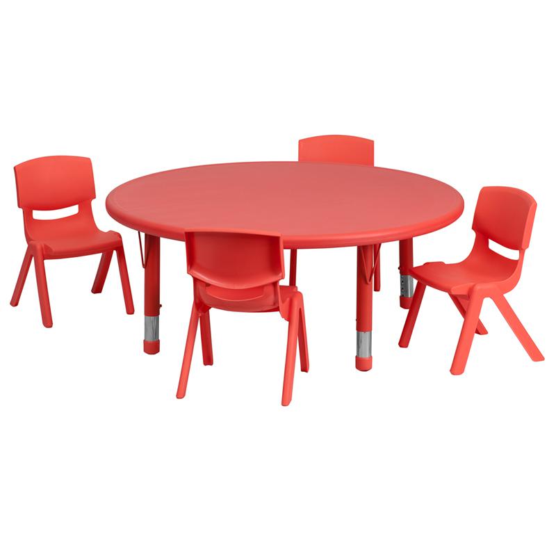 45'' Round Red Plastic Height Adjustable Activity Table Set with 4 Chairs