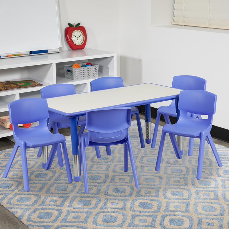 23.625''W x 47.25''L Blue Plastic Height Activity Table Set with 6 Chairs