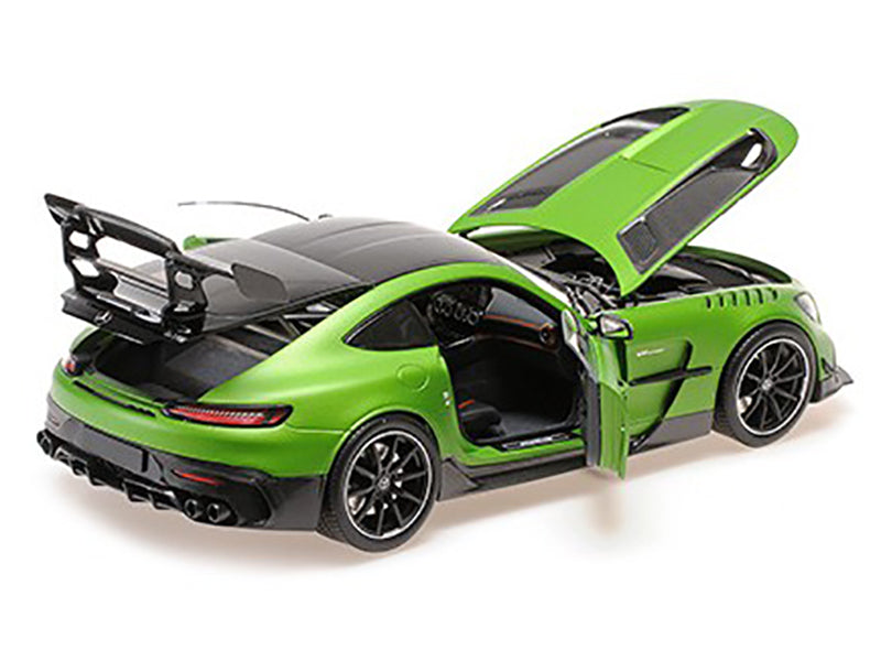 2021 Mercedes-Benz AMG GT Black Series Matt Green Metallic with Black Top and Hood Stripes 1/18 Diecast Model Car by Minichamps