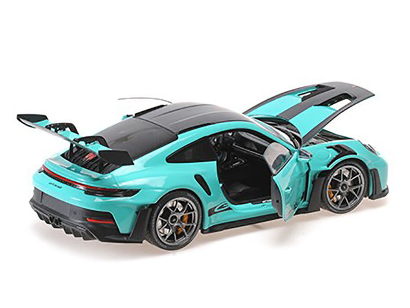 2024 Porsche 911 GT3 RS Green with Carbon Top and Hood Stripes Limited Edition to 400 pieces Worldwide 1/18 Diecast Model Car by Minichamps