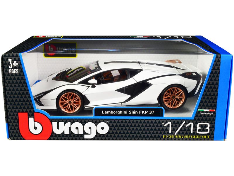 Lamborghini Sian FKP 37 White with Copper Wheels 1/18 Diecast Model Car by Bburago