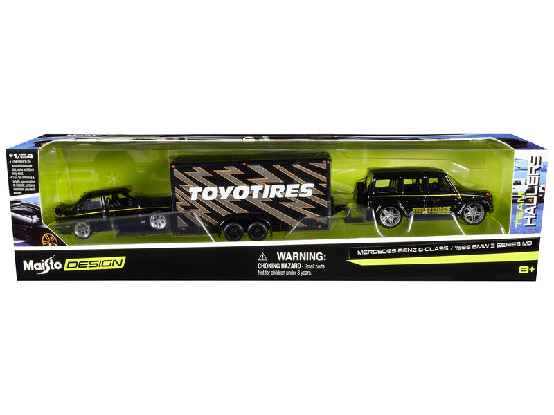 Mercedes-Benz G-Class Black with Gold Stripes and 1988 BMW 3 Series M3 Black with Gold Stripes with Enclosed Car Trailer "Toyo Tires" "Team Haulers" Series 1/64 Diecast Model Cars by Maisto